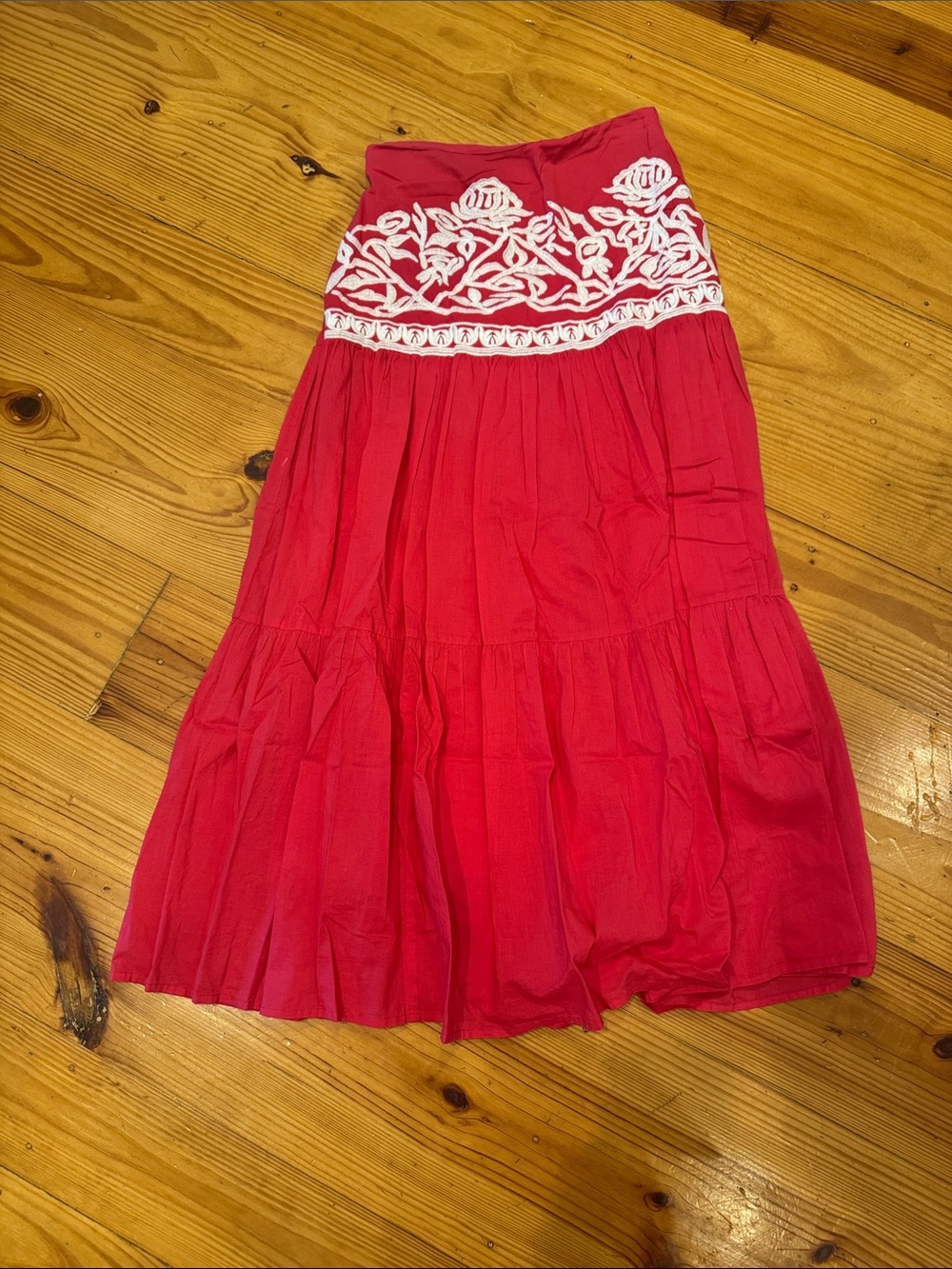 Boho Red Maxi Skirt with White Embroidered Waist